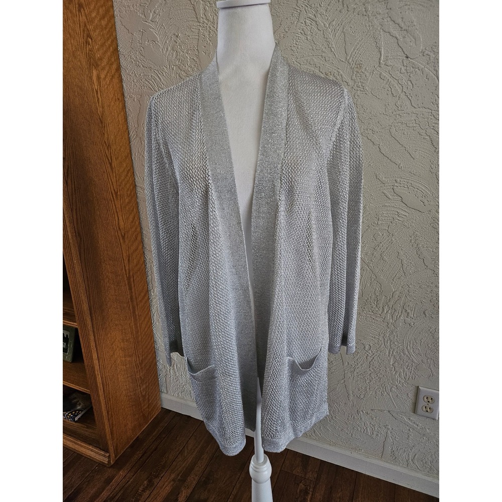 Chicos Travelers Cardigan Womens 2 Silver Excellent Metallic Mesh Knit Pocket